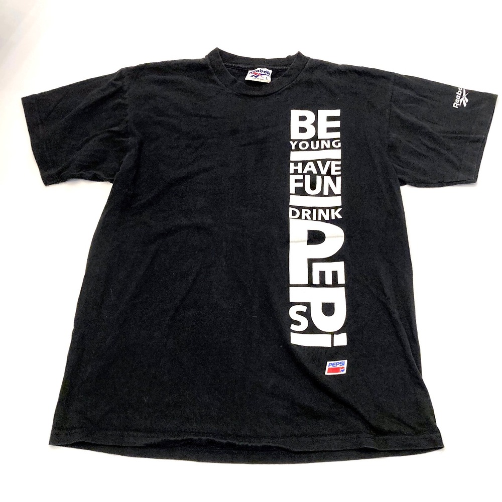 Vtg Pepsi Be Young Have Fun‎ Reebok Mens Large Short Sleeve T Shirt Black USA